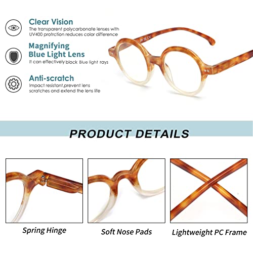 Jm 4 Pack Round Reading Glasses, Blue Light Blocking Computer Reader For Women Men, Spring Hinge +1.5 #TOP3