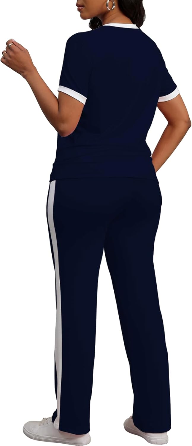 PINSV Women's 2 Piece Outfits Short Sleeve Tops Sweatpants Colorblock Bodycon Lounge Sets Tracksuit - Image 5