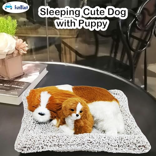 Image of FunBlast Sleeping Cute Dog with Puppy - Realistic Soft & Lifelike Pet Puppy with Bed for Car Dashboard and Home Decor, Sleeping Dog Soft Toy (Brown-White)