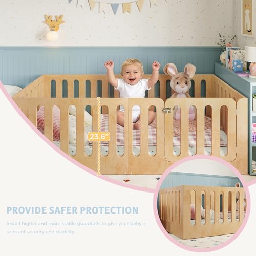 Image of Bellemave Queen Size Kids Montessori Floor Bed,Queen Size Floor Bed Frame with High Fence and Door,Solid Wood Montessori Bed for Girls Boys,Natural