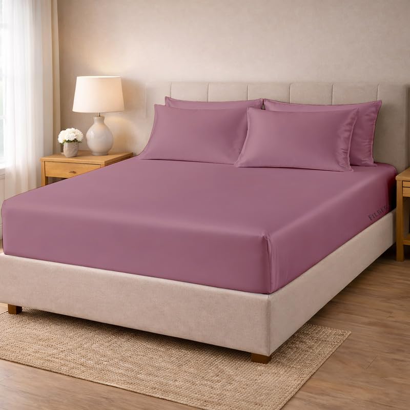 Image of Filbert - Premium Satin Fitted Bedsheet Queen Size (60x78 Inch) with 2 Pillow Covers | Hypoallergenic Breathable | Hair and Skin Friendly, Women Gift Choice|Light Mauve