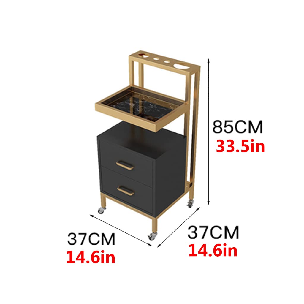 Carrello portautensili professionale per parrucchieri, con 2 cassetti, con guardrail rialzato, carrello per salone di bellezza (oro + nero)