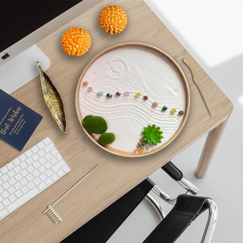 Threeheng Kit de jardim zen japonês para mesa, bandeja de terapia de meditação, jardim de areia de b