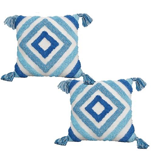 Image of Tarantaran Tufted Decorative Throw Pillow Cover, Blue and White Geometric Pattern with Tassels, 40.6 x 40.6 cm, Modern Square Pack of 2 (Blue Diamond)
