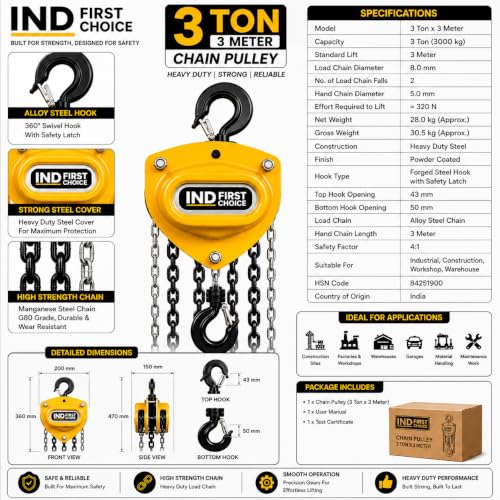 Image of 3 Ton Manual Chain Pulley Block, 3 Meter Lift Height, Premium Series, Heavy Duty Chain Hoist with Safety Hook for Industrial, Construction & Warehouse Use