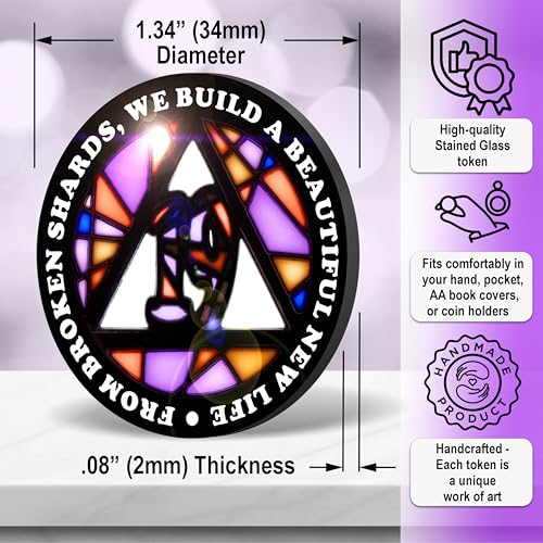 Image of Stained Glass 19 Year AA Chip Sobriety Coin Medallion, Fragments to Freedom Alcoholics Anonymous Addiction Recovery Anniversary Token, Inspirational Sober Gifts for Men and Women by the Token Shop