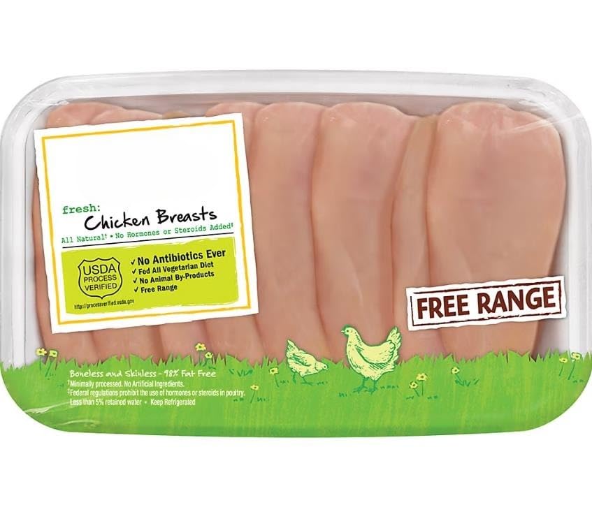 Chicken Breasts , Contains approximately 7-9 slices per tray. Free Range chickens are raised free to explore outdoors in naturally open spaces. Keep refrigerated or frozen. Thaw in refrigerator or microwave. Keep raw meat and poultry separate from other foods. Wash work surfaces (including cutting boards) utensils and hands after touching raw meat or poultry. Cook thoroughly until internal temperature reaches 180F. [ 40 oz , 2.5 Poiund ]