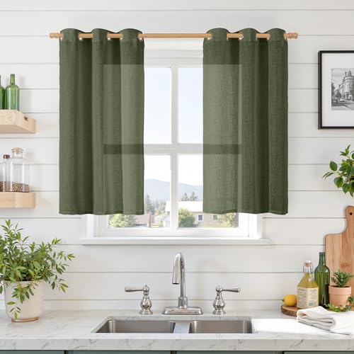 Image of LAMIT Sheer Linen Curtains 40 inch Long for Small Windows, Olive Green Light Filtering Curtains Bronze Grommet Linen Textured Neutral Boho Christmas Drapes for Kitchen /Cafe, 2 Panels, 34 x 40 Inch