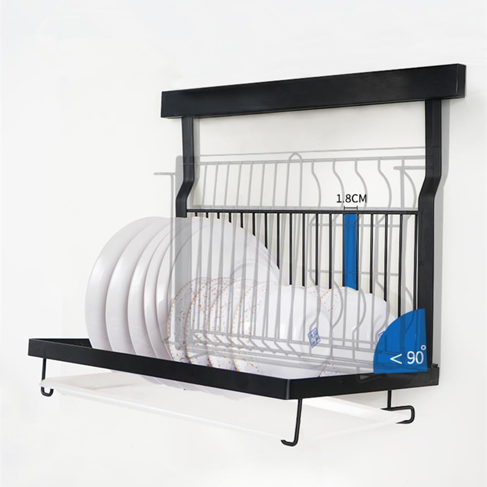 TentHome Égouttoir Vaisselle INOX Murale Pliable avec Bac d'égouttement Noir, Seche Vaisselle, Rangement Assiette Bol Sechoir Porte Support Ustensiles Cuisine Accessoires Mural en Acier Inoxydable
