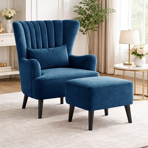 Image of Rosebell Velvet Accent Chair with Ottoman - Modern Upholstered Lounge Chair with High Back, Tufted Design & Comfortable Reading Chair for Living Room, Bedroom, Office-Blue