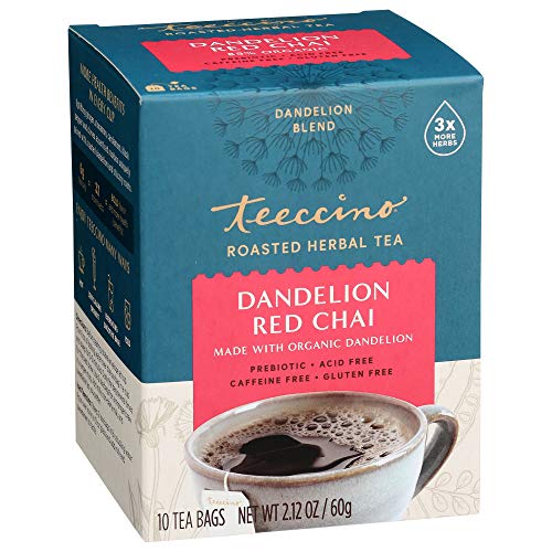 Teeccino Dandelion Tea â€“ Red Chai â€“ Caffeine Free Rooibos Tea Spiced with Ginger, Cinnamon & Cardamom Plus Detoxifying Dandelion Root, 10 Tea Bags