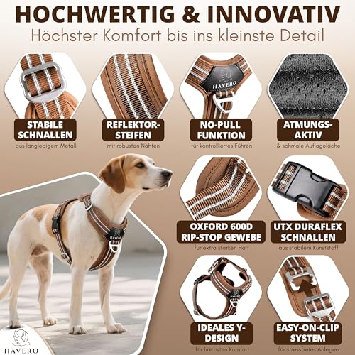 HAVERO Hundegeschirr Easy-On-Clip – [Kein Überkopfziehen] | Anti-Zug Y-Geschirr Gepolstert Reflektierend Atmungsaktiv Brustgeschirr – kleine, mittelgroße & Grosse Hunde Geschirr (Braun, M)