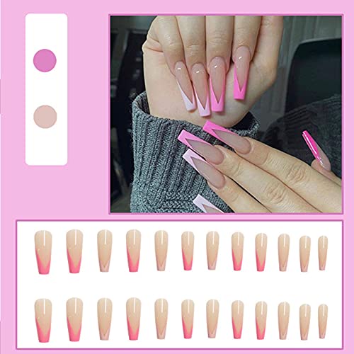Yoyoee Long Press On Nails- Pink French Fake Nails Coffin False Nails Acrylic Full Cover Tips For Wonen And Girls 24 Pcs #TOP1