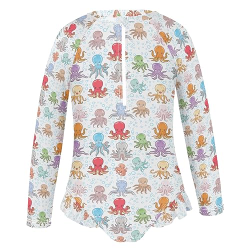 Cute Octopuse Girls Long Sleeve Rashguard Swimsuit UV Protection One-Piece Swimwear Bathing Suit B04041612