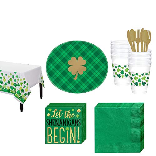 Party City St. Patrick’s Day Plaid Tableware Kit for 18 Guests, 198 Pieces, Includes Plates, Napkins, Cups, and Utensils