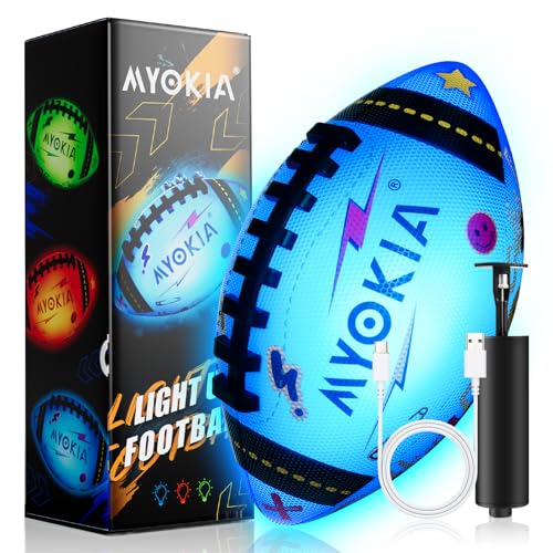 MYOKIA Light Up Football Birthday Gift for Kids & Teens 3-15+,RGB Rechargeable Waterproof Glow in The Dark Ball with Pump & USB Cable, Tri-Color (Red, Green, Blue), Size 6, Outdoor Night Games