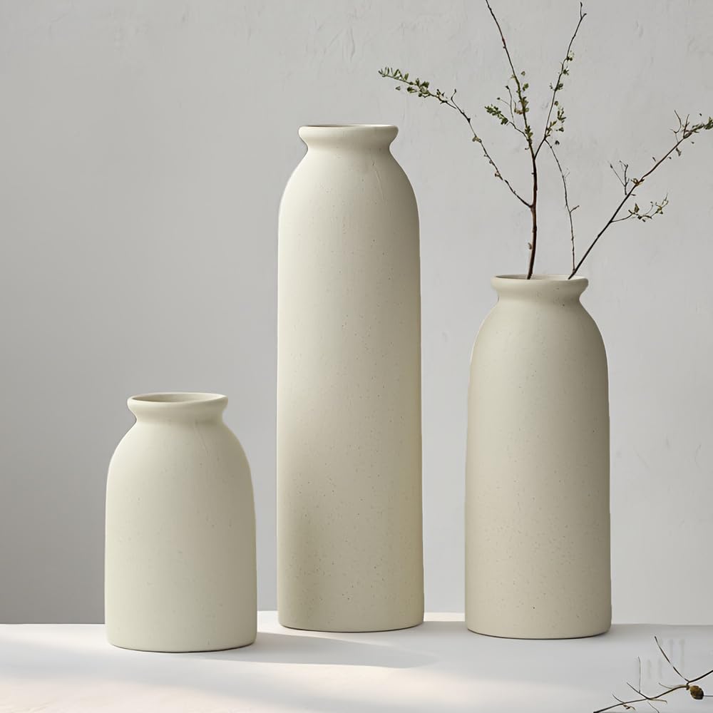 Ceramic Vase Set, Set of 3, Home Decorative Flower Vases, Modern Decor, Pampas Grass Vase, Dried Flowers Vases for Living Room, Desk, Shelf Decor (Beige, XL)