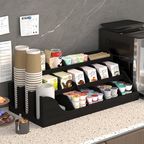 Image of Suli Exact Large Coffee Station Organizer,Wooden Countertop Pods Holder with Drawer for Condiment Syrup Tea Cups for Lobbies,Breakroom,Office,Rustic Bar Decor for Accessories Organizer,3 Tiers -Black