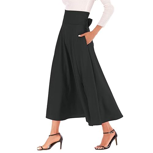 Women's Casual High-Waisted Pleated Maxi Skirt with Pockets，Solid Long Vintage