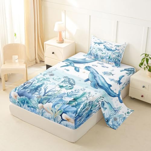 Image of jejeloiu Sea Animal Bed Sheets Set Twin Size Whale Turtle Fish Bed Set for Kids Boys Girls The Sea Marine Animal Deep Pocket Fitted Sheet Summer Breathable Soft Lightweight Microfiber