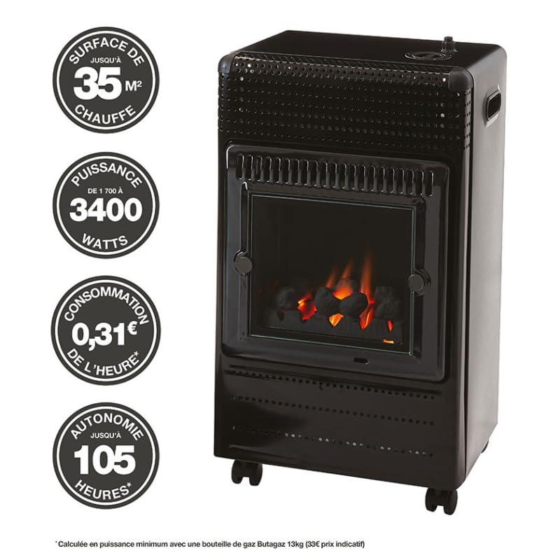 FAVEX - Poêle à gaz Infrableu Ektor Fire - Chauffage d'appoint à gaz - Prêt à l'emploi livré avec tuyau et détendeur - Intérieur Effet feu de cheminée - 3 Puissances de Chauffe - Jusqu'à 35 m² - Noir