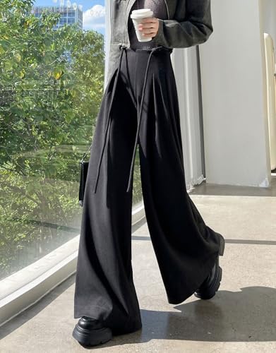 chouyatou Women's Winter Wool Wide Leg Palazzo Pants High Waisted Wool Blend Baggy Trousers Culottes3