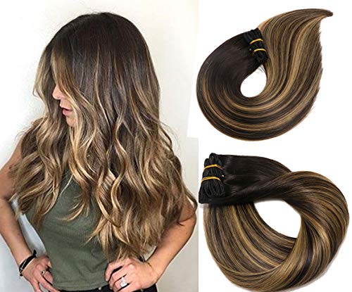 Clip In Human Hair Extensions Thicken Double Weft 9A Brazilian Hair 120g 7pcs Natural Black to Honey Blonde Highlight Black Full Head Silky Straight 100% Human Hair Clip In Extensions 20 Inch