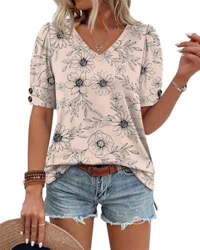 Image of OFEEFAN Womens Tops Short Sleeve Shirts Buttons V Neck Spring Fashion Summer Outfits Plus Size Blouses Dressy Casual