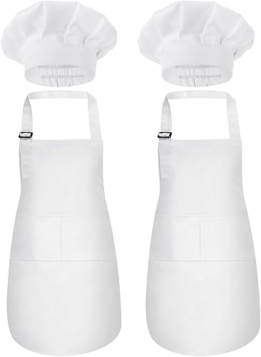Paquete de 2 delantales y sombrero de chef para niños, delantal de cocina ajustable con dos bolsillos para niñas y niños