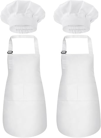 2 Pack Kids Chef Apron and Hat, Adjustable Kitchen Cooking Apron with Two Pockets for Girls Boys