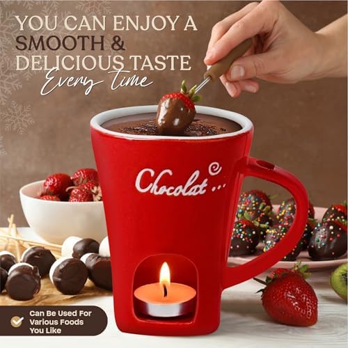 Hot Chocolate Fondue Mug Set β Ceramic Chocolate Melting Fondue Cup With Fork And Tealight, Personal Cheese,Sweet Caramel Melting And Butter Warmer Pot Gift Set for Christmas, Birthday,Wedding - 2