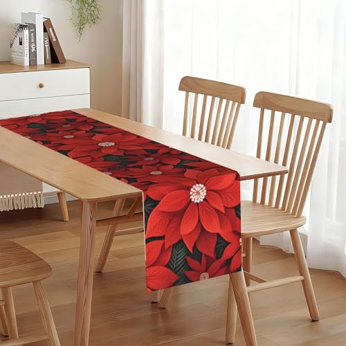 Chemin de table Poinsettia imitation lin de noël 33x183 cm