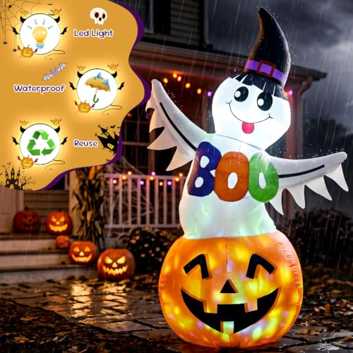 6 FT Halloween Inflatable Ghost Pumpkin with Witch Hat & Boo Sign - image 6