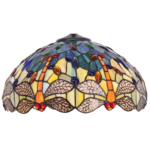 Image of 16Inch Tiffany Lamp Shade Replacement Only(Blue Yellow Dragonfly) | Stained Glass Lampshade Fit For Table Lamps FLoor Lamp Ceiling Fixture Pendant Hanging Light Home Office Decoration