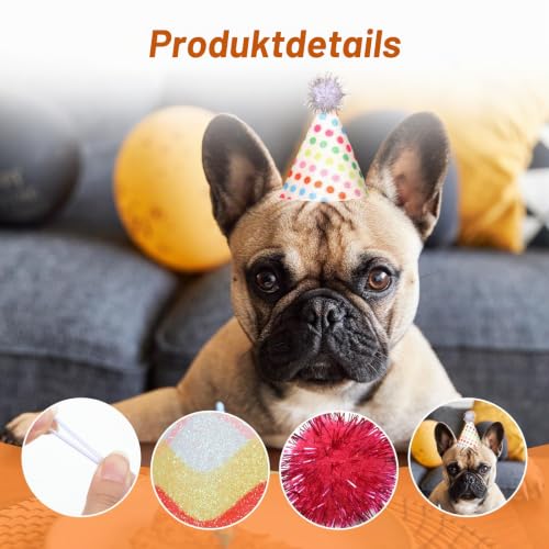 6 Stück Partyhüte Geburtstag,Partyhüte für Kuscheltiere Bunt Geburtstagshut für Hunde Und Katzen Partyhüten Mit Pompon und Glitzerdetails Kleine Kegelhüte mit Glitzer Pompons Kgeburtstagszubehör