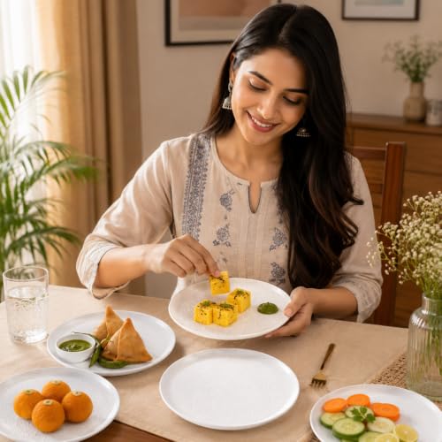 Image of MARKET 99 Heavy-Duty Melamine Quarter Plates Set of 6 | White Hammered Round Design | Glossy Finish Durable Tableware | Ideal for Breakfast, Snacks, Appetizers | Stylish Kitchen & Dining Serveware