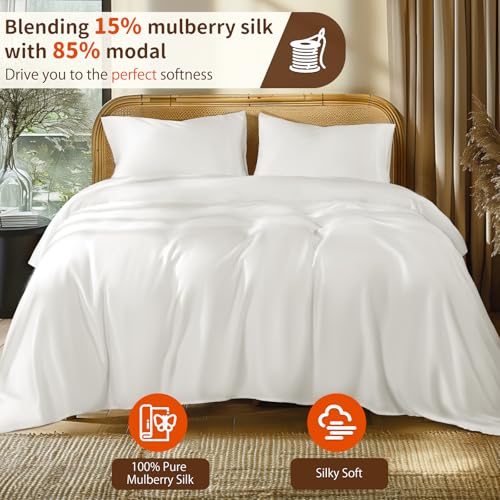 LBRO2M Mulberry Silk Modal Blending Satin Sheets Set Queen Size Fitted Sheet16 Deep Pocket Cool Bedding Sheet 4 Piece Wrinkle Resistant Soft Breathable (Queen, White) - Image 4