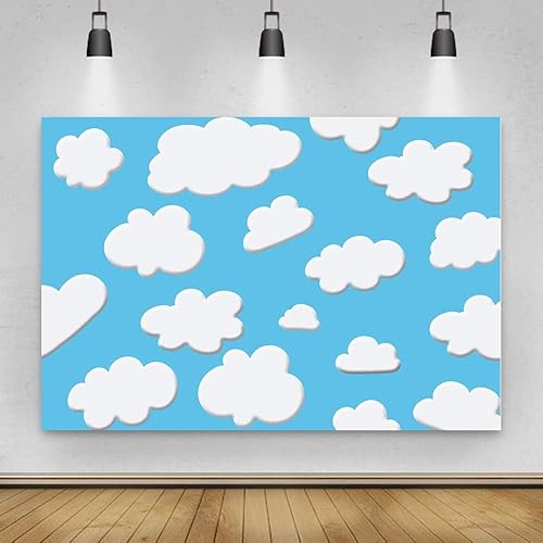 Miniatura 2 de Laeacco Fondo de nubes blancas de cielo azul de dibujos animados de 10 x 6.5 pies, lindo fondo de fiesta de cumpleaños para niños, baby shower, mesa