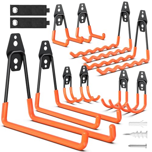 HSTMYFS Ganchos de Acero para Colgar, 10 Ganchos de Pared y 2 Ataduras, Resistentes para Bicicletas, Herramientas, Escaleras, Equipos