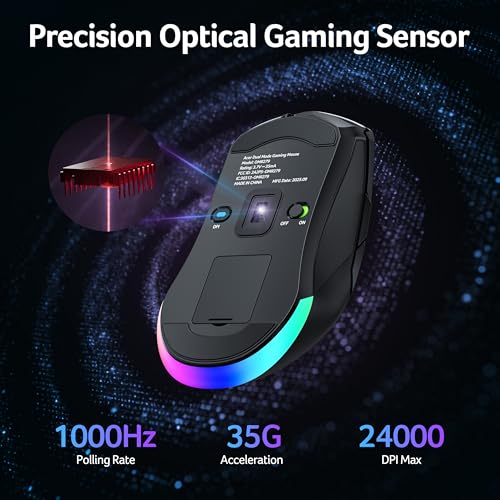 Image of Acer Wireless Gaming Mouse for Laptop, 24,000 DPI Wired Computer Mouse with 8 Programmable Buttons, Left & Right Hand, Rechargable Gaming Mice, Long Battery Life, RGB Lighting Gamer for PC, Desktop