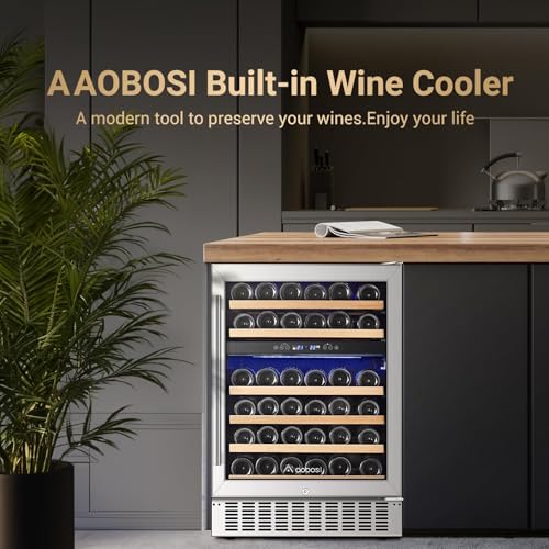 Image of AAOBOSI 24 Inch Wine Cooler,46 Bottle -Dual Zone Built-in or Freestanding with Blue LED Light and Adjustable Shelves for Home,Kitchen or Office.