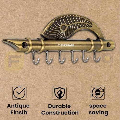 Image of Premium Krishna Flute & Peacock Key Holder - Antique Brass Wall Mounted Key Rack with 6 Hooks | Decorative Home & Office Key Stand-| 3 Years Warranty |
