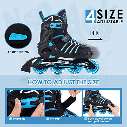 Bobicom Adjustable Inline Skates With Full Light Up Wheels,Outdoor Illuminating Roller Skates For Kids And Adults, Girls And Boys, Men And Women, Blue L #TOP1
