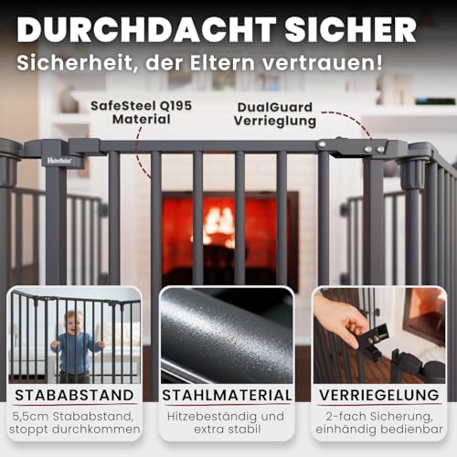 Heimfleiss® Kaminschutzgitter Baby mit Sicherheitsverschluss | Ofenschutzgitter für Kinder & Hunde | Ofengitter Kinderschutz aus Stahl | Verwendbar als Kamingitter, Treppenschutzgitter & Türgitter