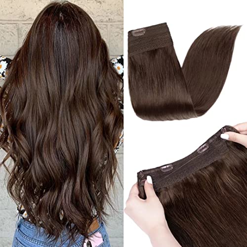 Maxfull Chocolate Brown Invisible Wire Hair Extensions, One Piece Human Hair Extensions for Thin Hair, 14inch, 90g