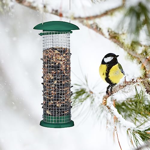 Relaxdays Vogelfutterstation 2er Set, zum Aufhängen, Futtersäule für Wildvögel, H x D: 31 x 10 cm, Metall, grün/Silber
