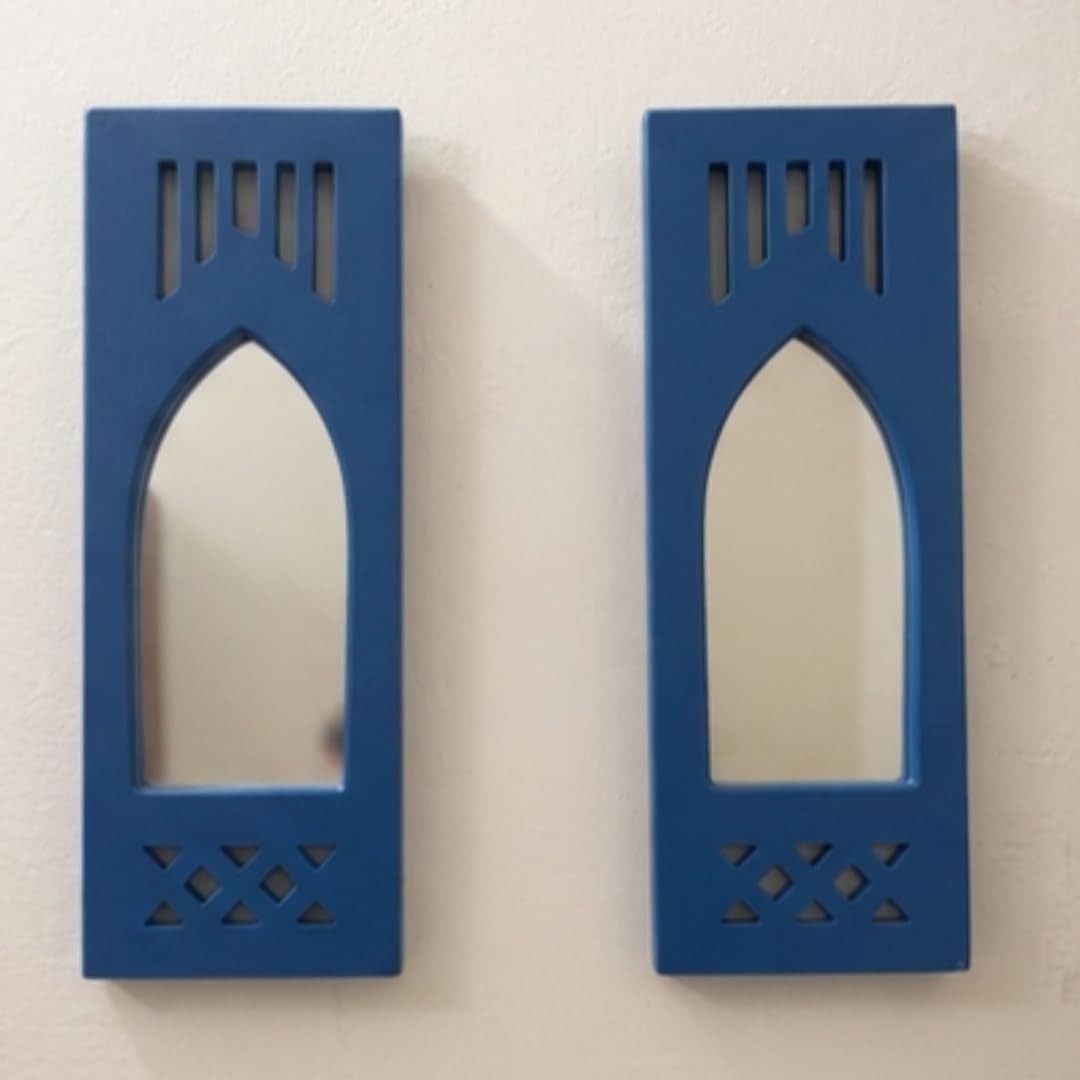 blue modern set of 2 decorative wall mirrors | contemporary matching accent mirrors with stylish blue frames | elegant minimalist wall décor