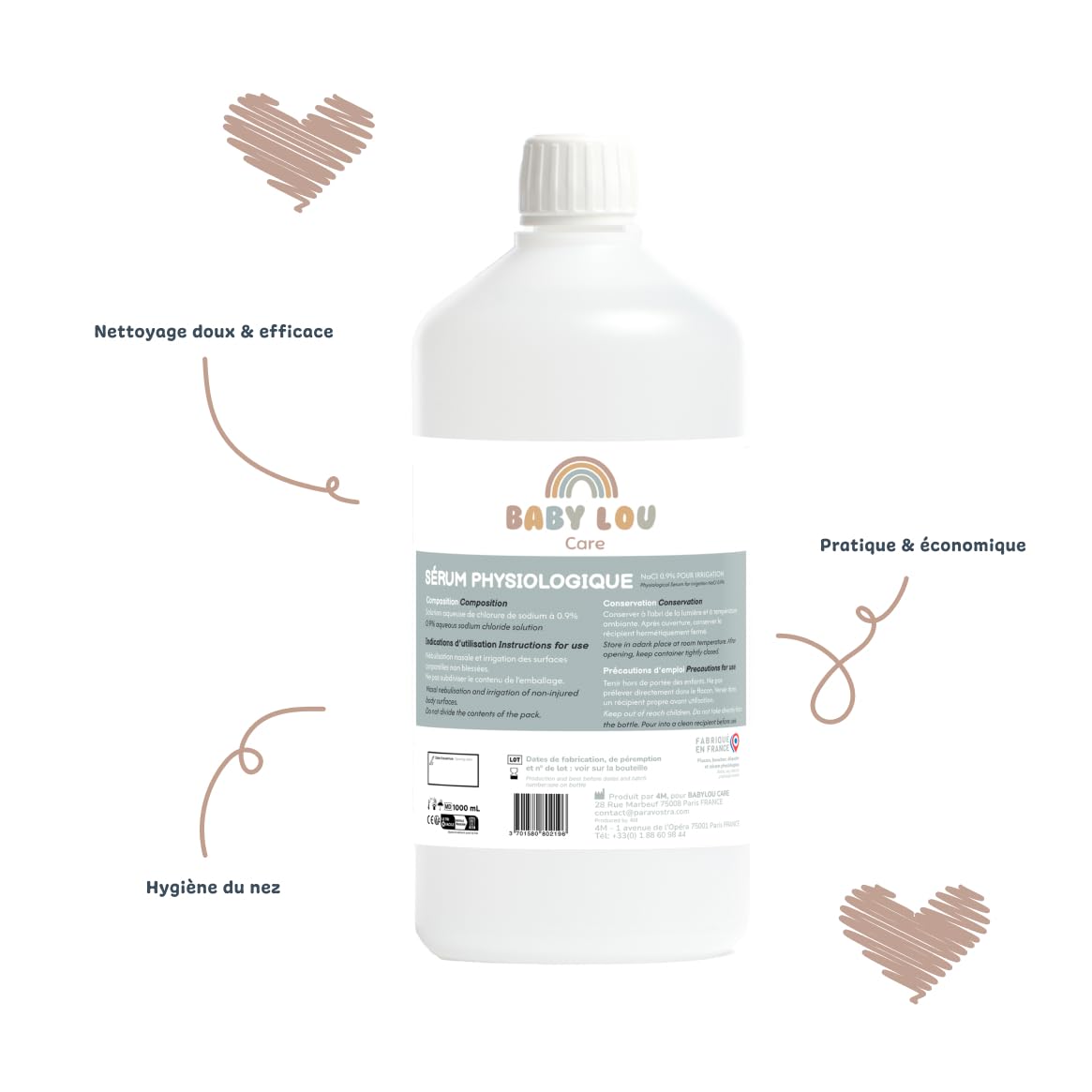 Sérum Physiologique bouteille 2x1L | NaCl 0,9% | Fabriqué en France | Lavage des fosses nasales | Hygiène du nez | Pour irragation externe
