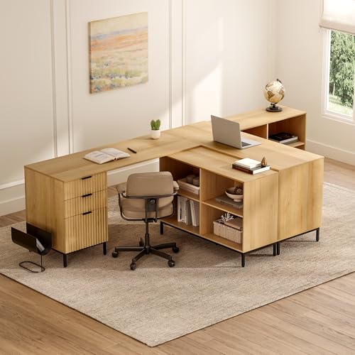 Image of EYYTHUNG L Executive Desk with Storage Cabinet, 60 inch Fluted Modern Flexible Home Office Desk, Large Wood Convertible Computer Standing Up Desk with File Drawer, Writing Desk Natural Oak