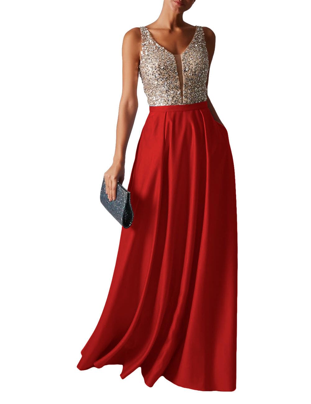 HUINI Abendkleid Lang Damen Glitzer Ballkleider Hochzeitskleid Vintage Cocktail Partykleider Brautkleider